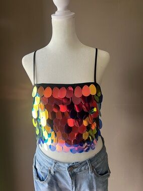 Sequin Mirror-Disc Crop Cami Tank - Rainbow